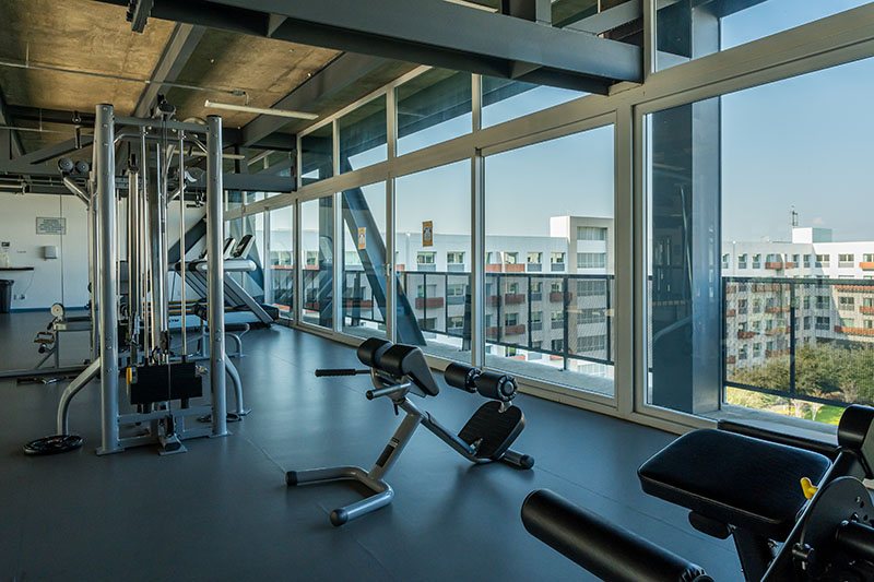Gimnasio con ventanales y vista a las torres