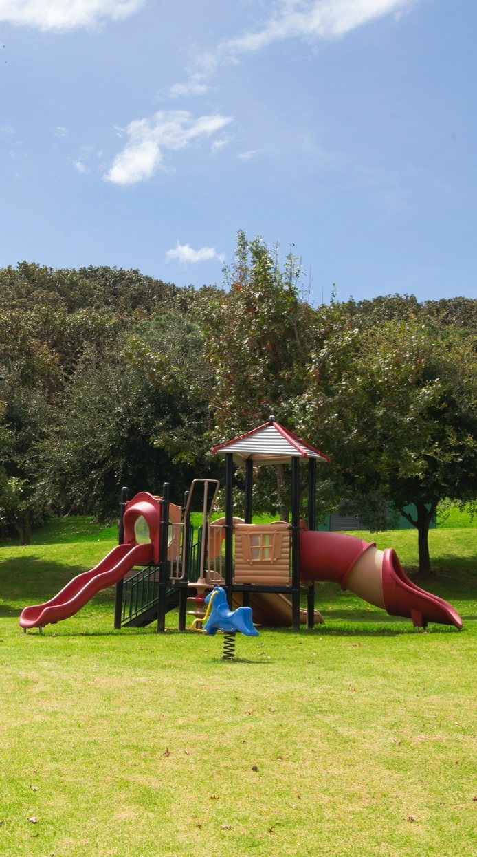 Juegos infantiles con resbaladilla en el jardín