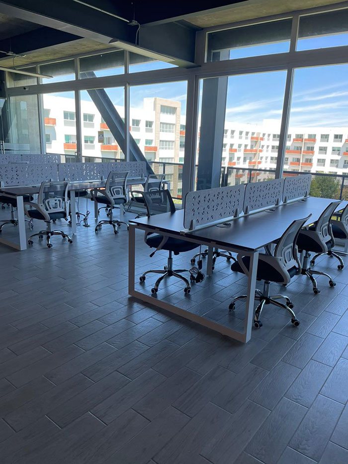 Área de coworking con mesas largas y ventanales