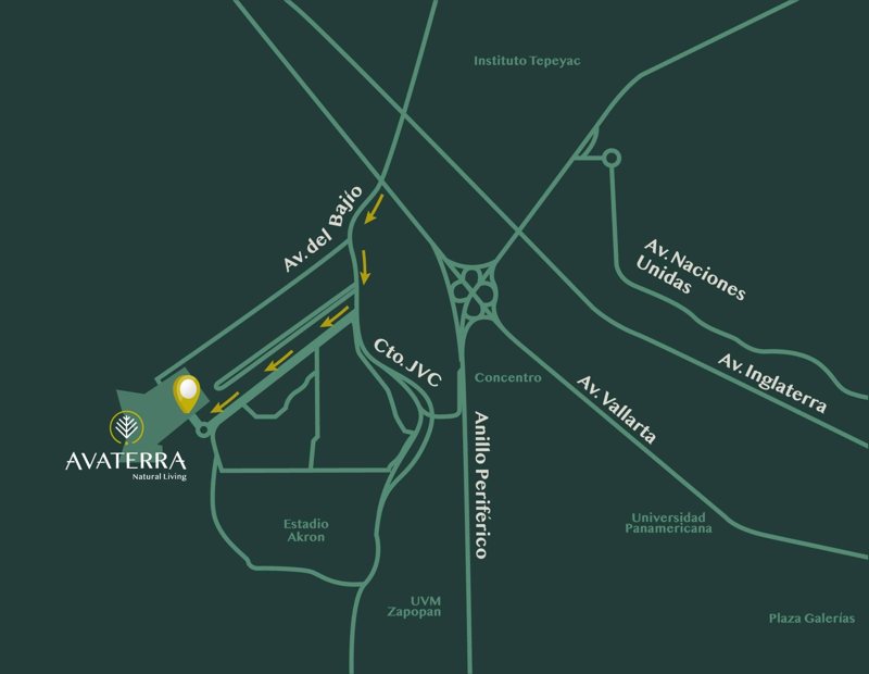 Mapa: Avaterra sobre Av. del Bajío, cerca del Estadio Akron, Concentro, el Periférico y Av. Vallarta
