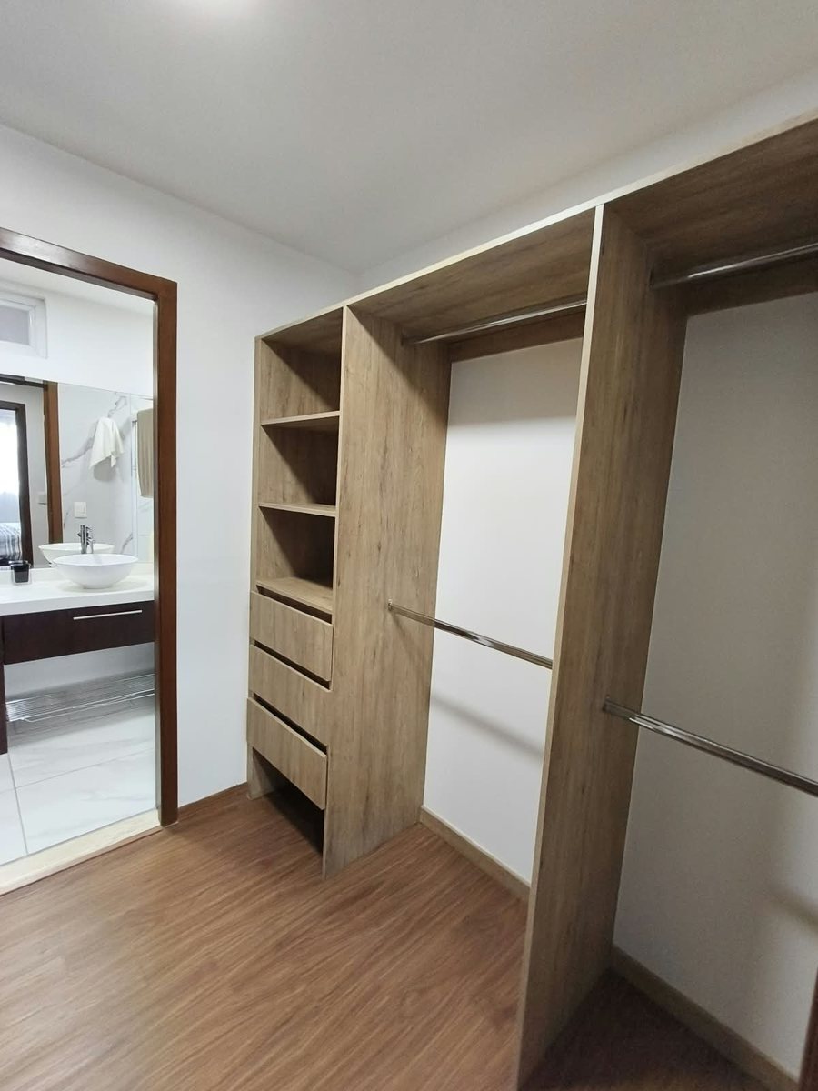 Walk-in closet de madera con acceso al baño