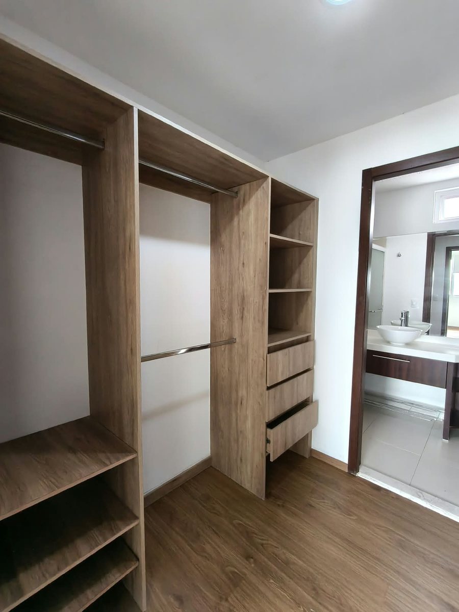 Walk-in closet de madera con acceso al baño