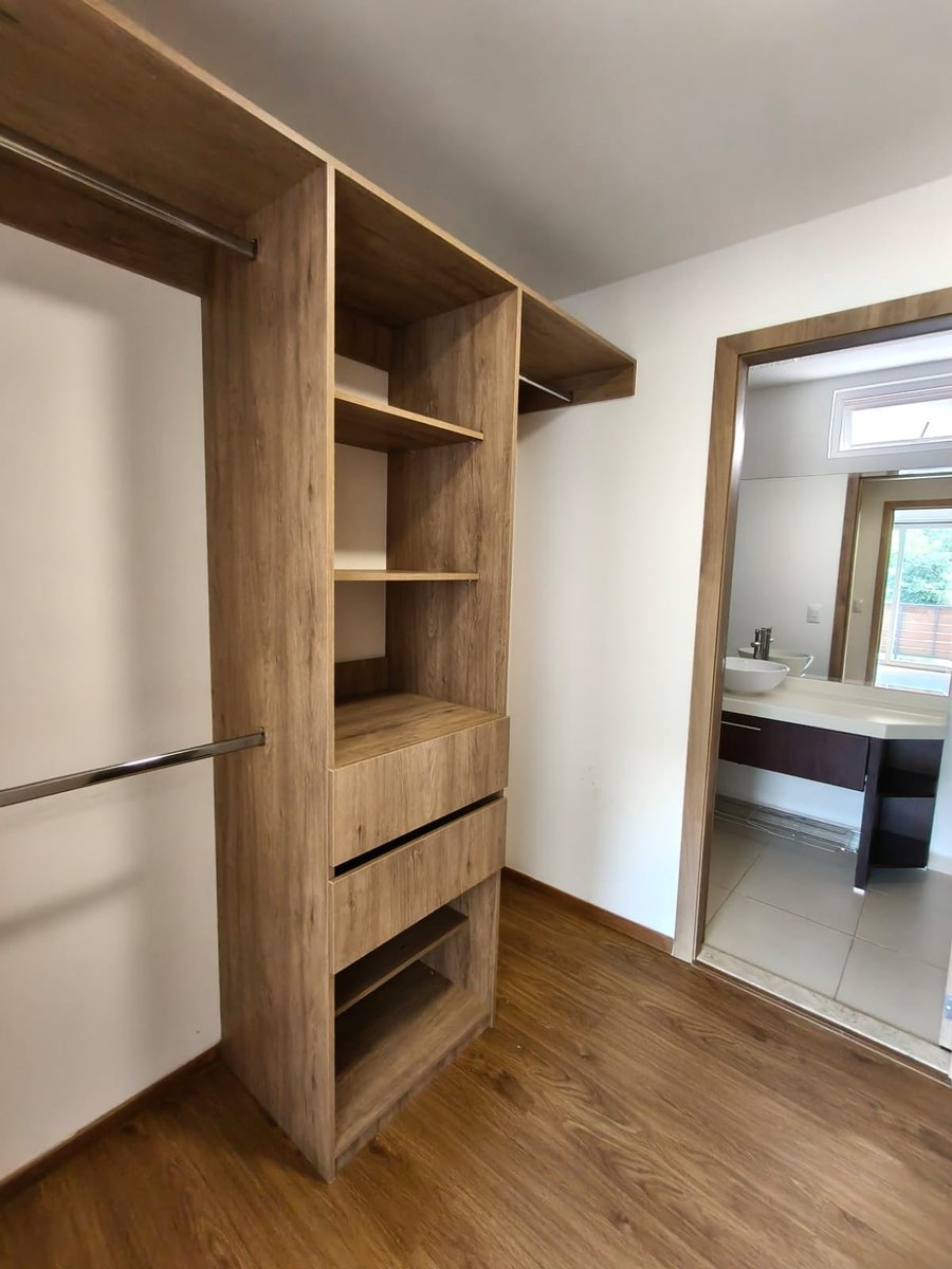 Walk-in closet de madera con acceso al baño