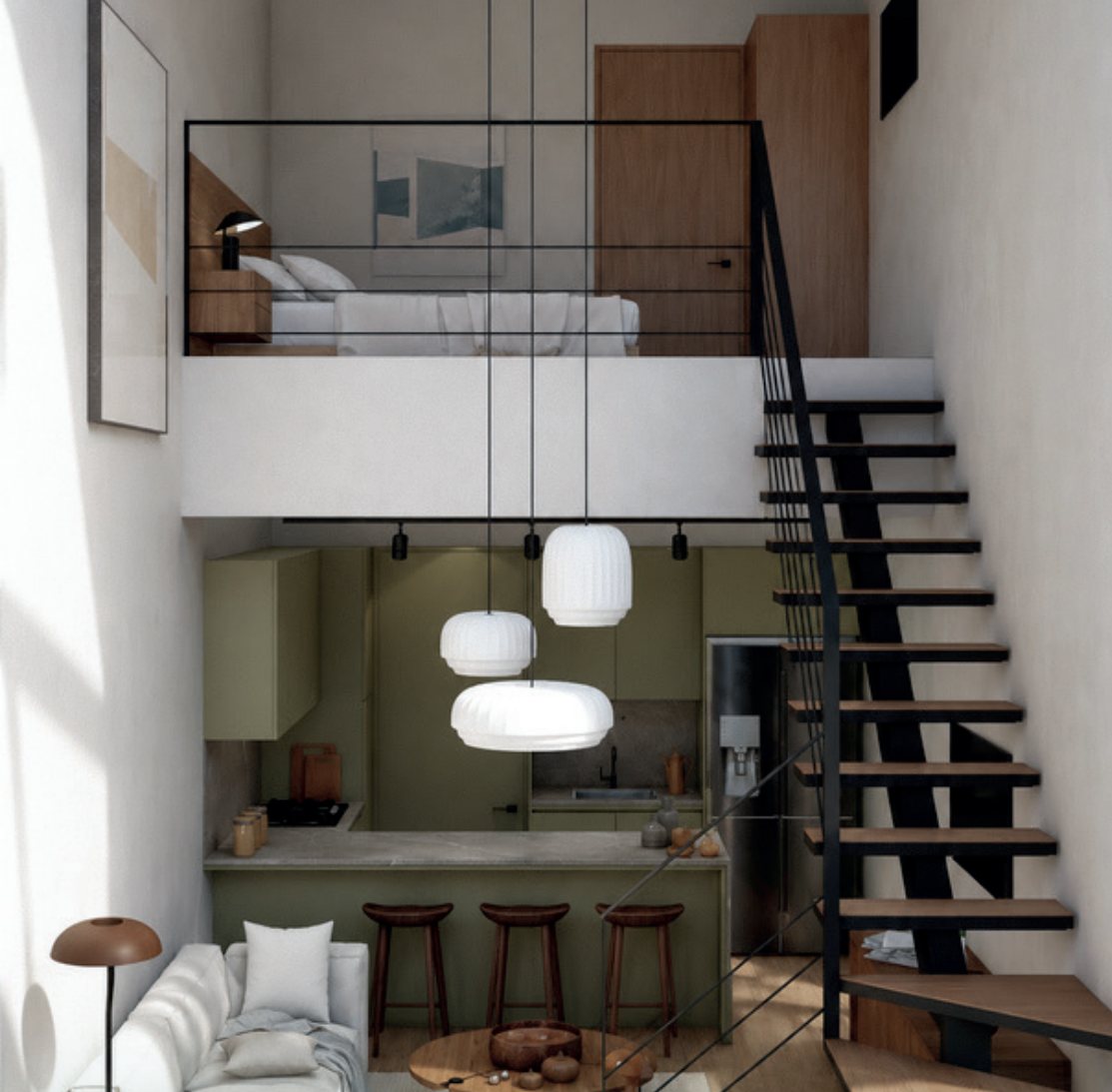 Render del townhouse tipo A: sala, comedor y cocina abajo y recámara en el tapanco