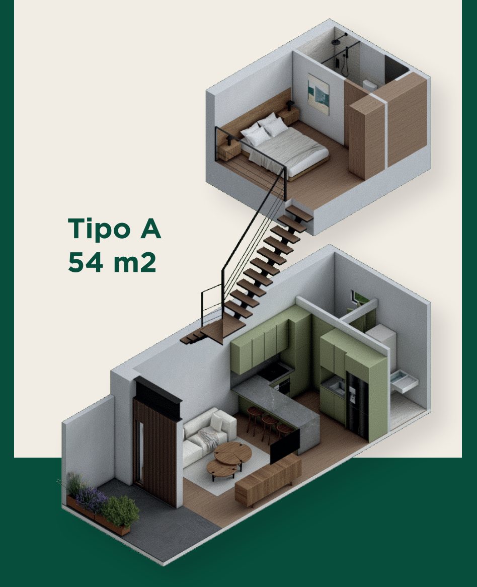 Isométrico del townhouse tipo A de 54 m² con sus dos niveles