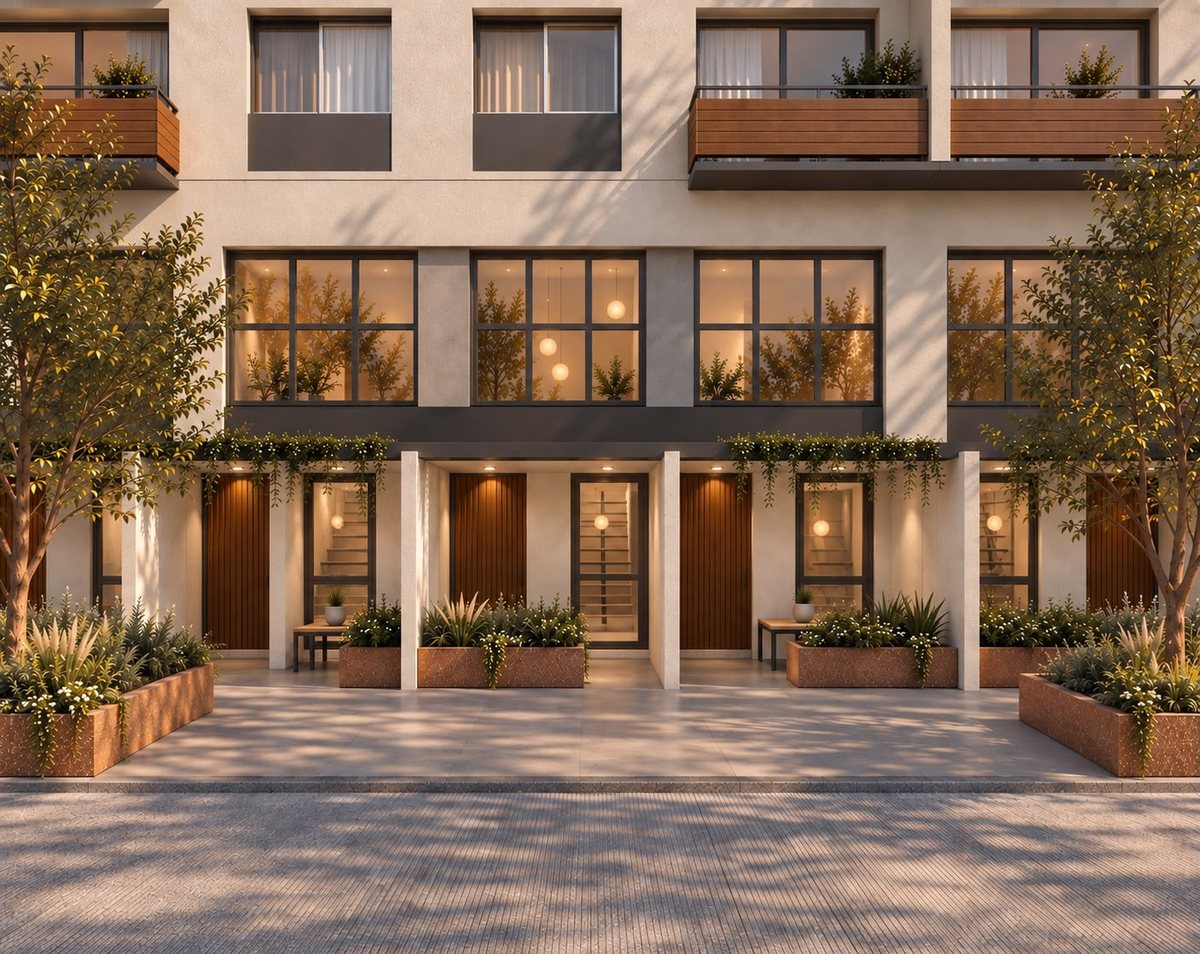 Fachada de los townhouses con jardineras y acceso propio a cada loft