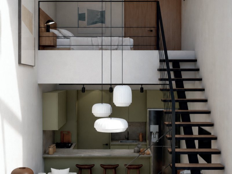 Render del townhouse tipo A: sala, comedor y cocina abajo y recámara en el tapanco
