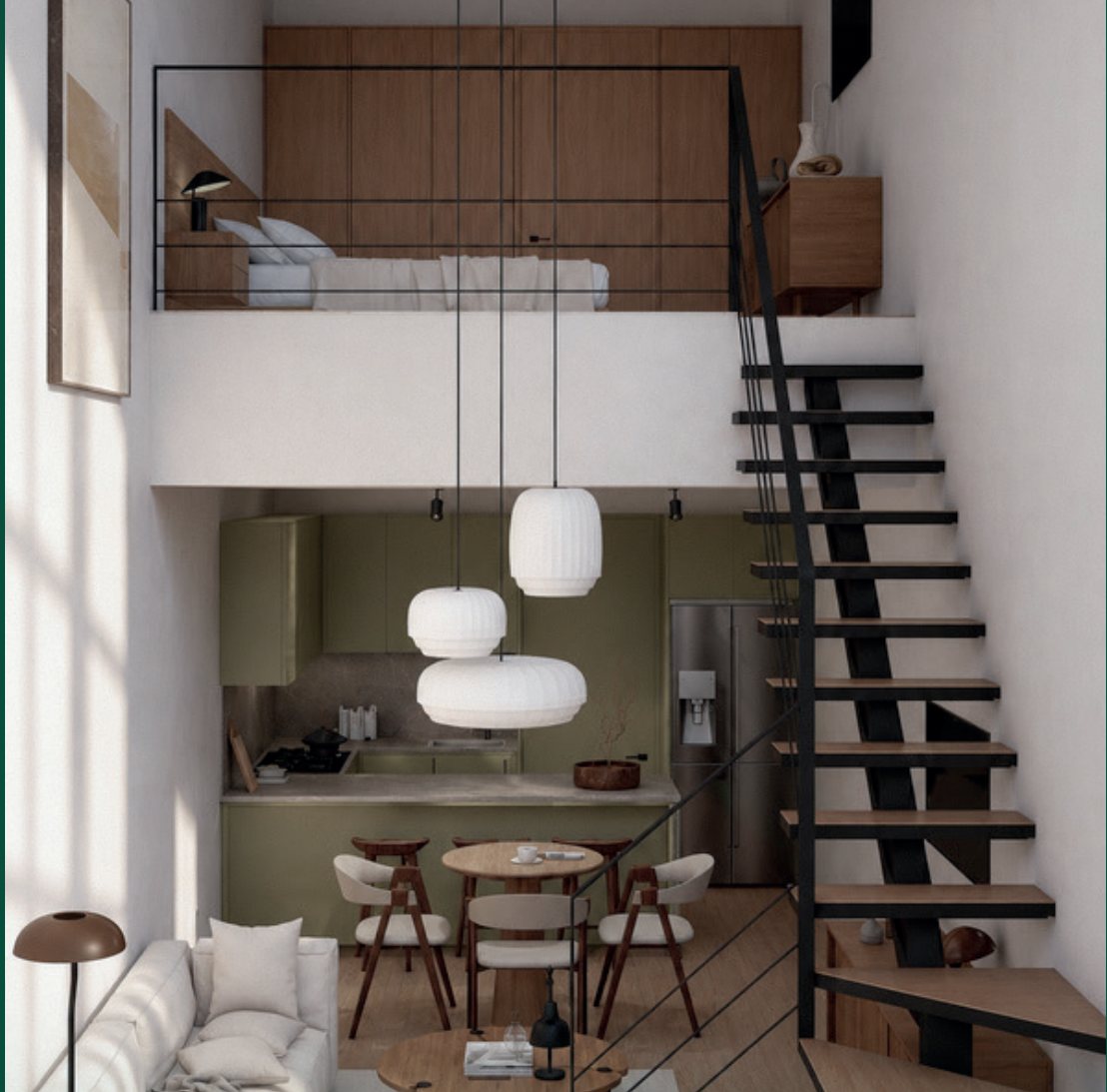 Render del townhouse tipo B: sala, comedor y cocina abajo y recámara en el tapanco