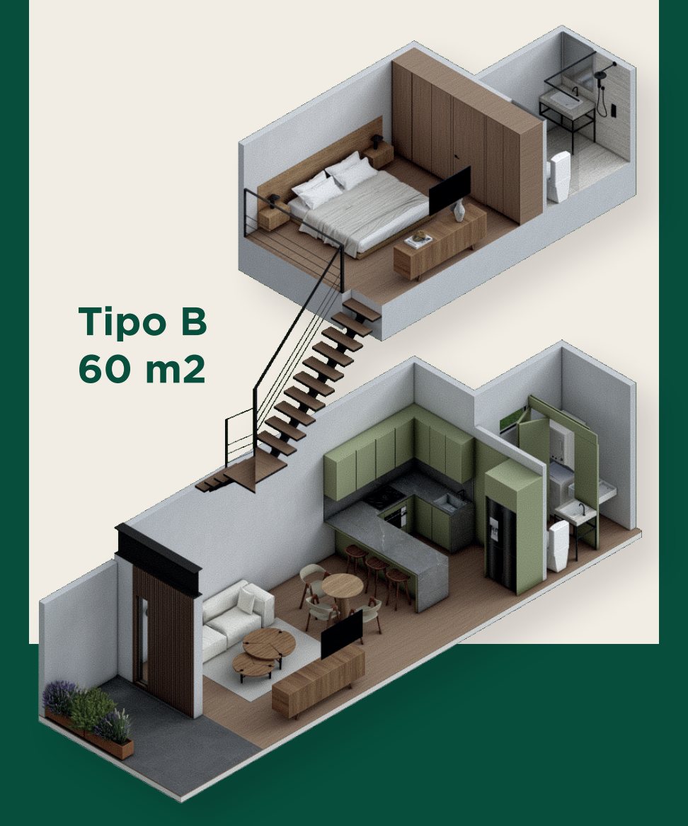Isométrico del townhouse tipo B de 60 m² con sus dos niveles