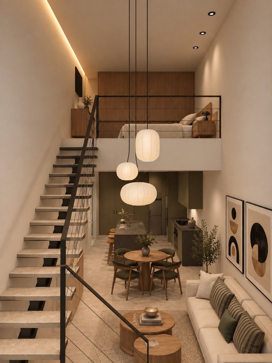 Sala a doble altura con escalera al tapanco de la recámara