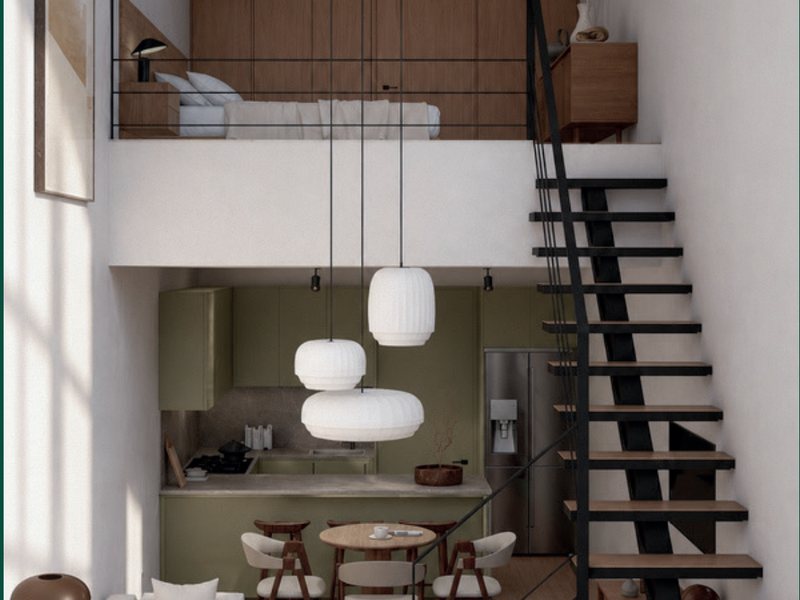 Render del townhouse tipo B: sala, comedor y cocina abajo y recámara en el tapanco