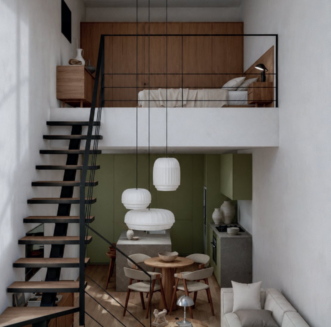 Render del townhouse tipo C: sala, comedor y cocina abajo y recámara en el tapanco