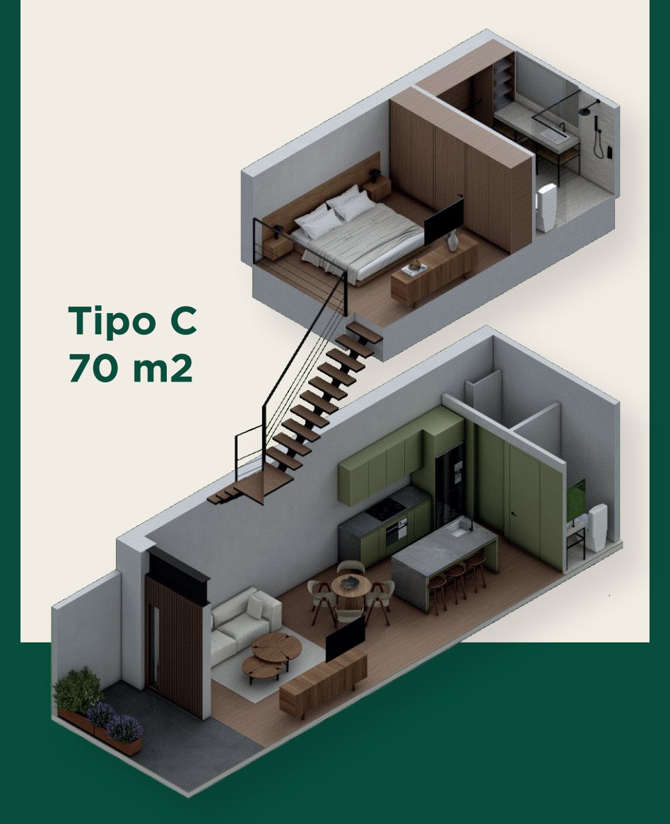 Isométrico del townhouse tipo C de 70 m² con sus dos niveles