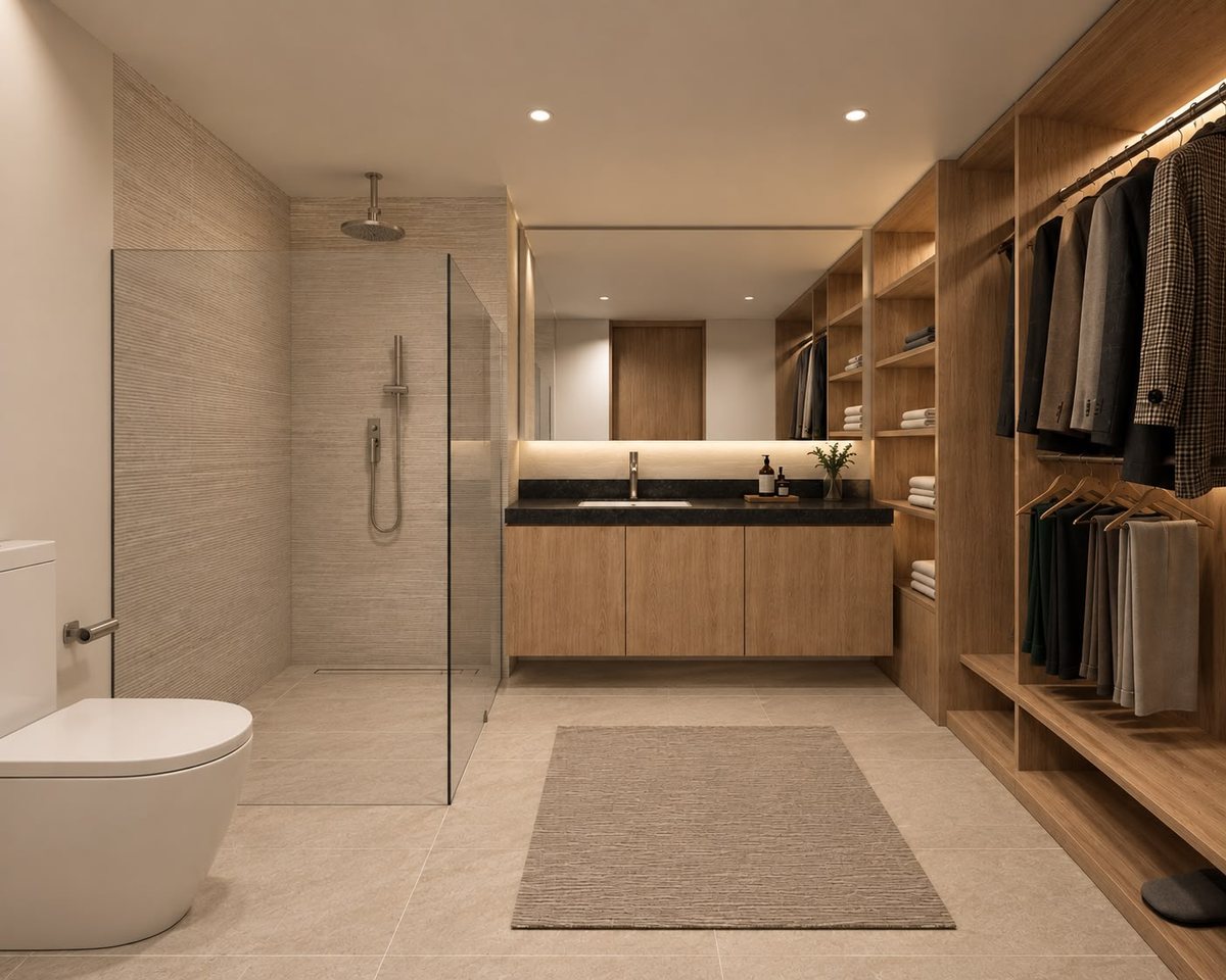 Baño con cancel de cristal y vestidor