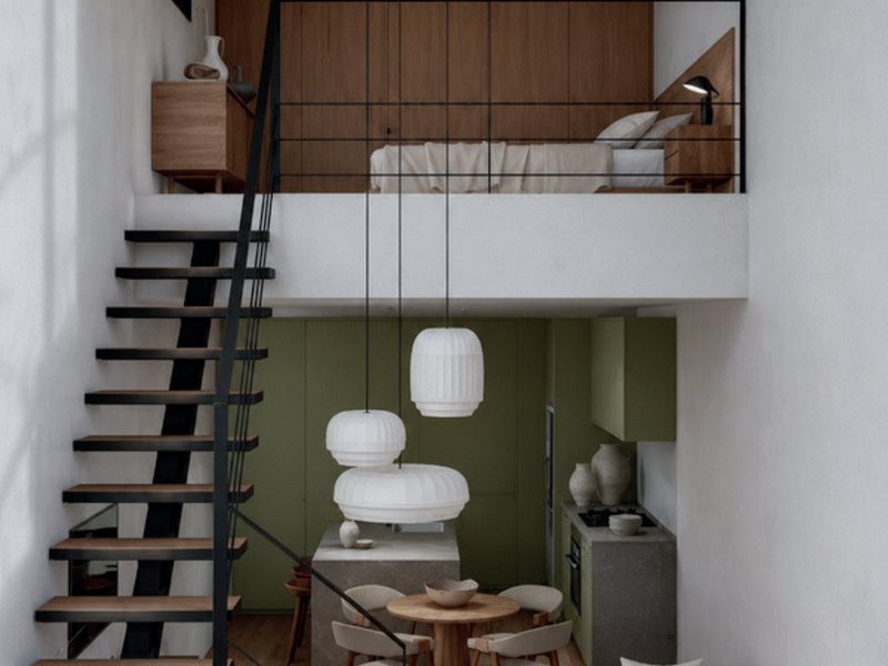 Render del townhouse tipo C: sala, comedor y cocina abajo y recámara en el tapanco