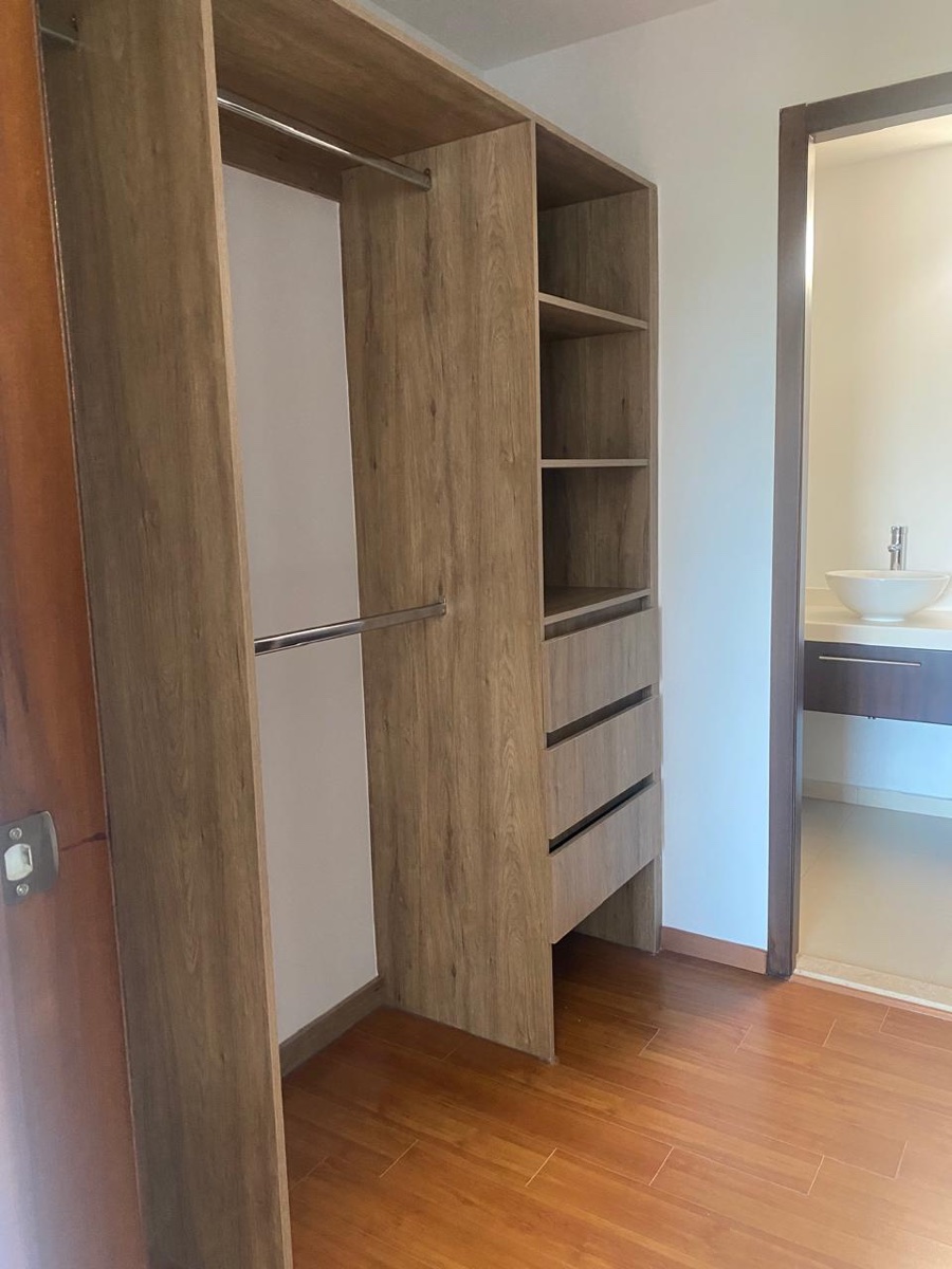 Walk-in closet de madera con acceso al baño