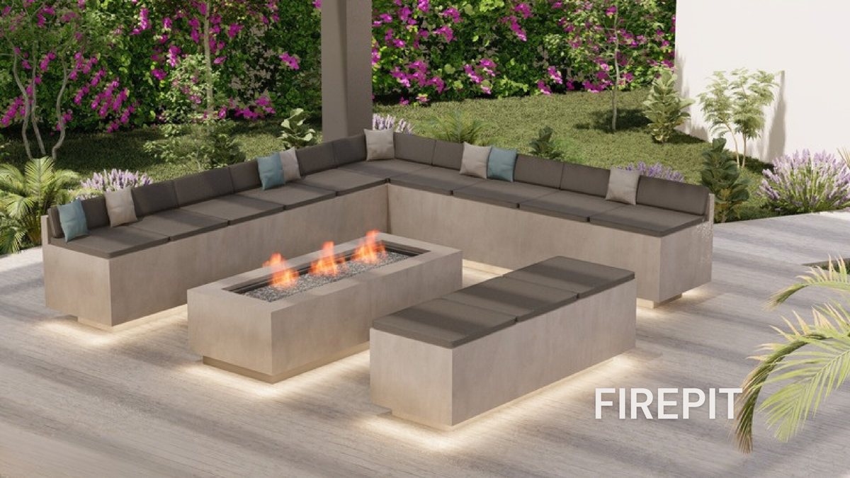 Firepit con sillones alrededor del fuego (render)