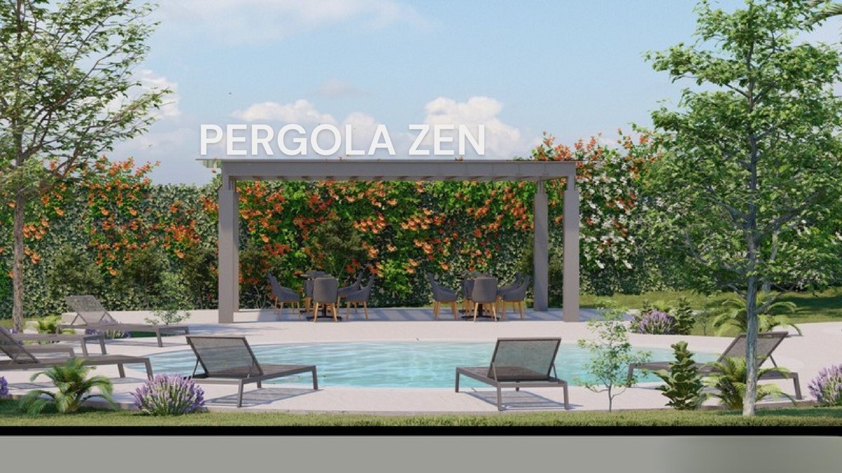 Pérgola zen junto a la alberca (render)
