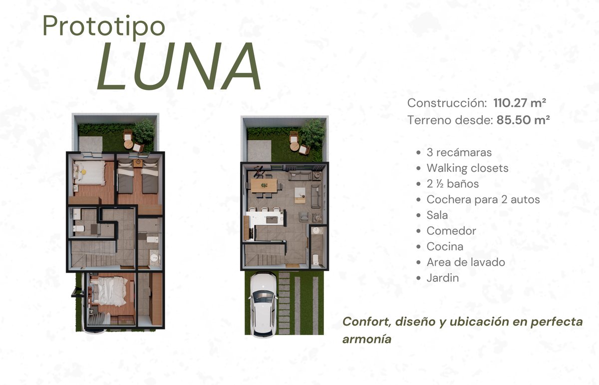 Plantas del modelo Luna: 3 recámaras, 2.5 baños y cochera para 2 autos