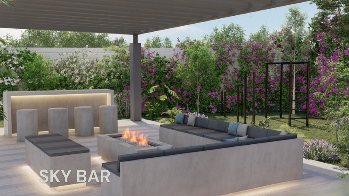 Sky bar con lounge y firepit (render)