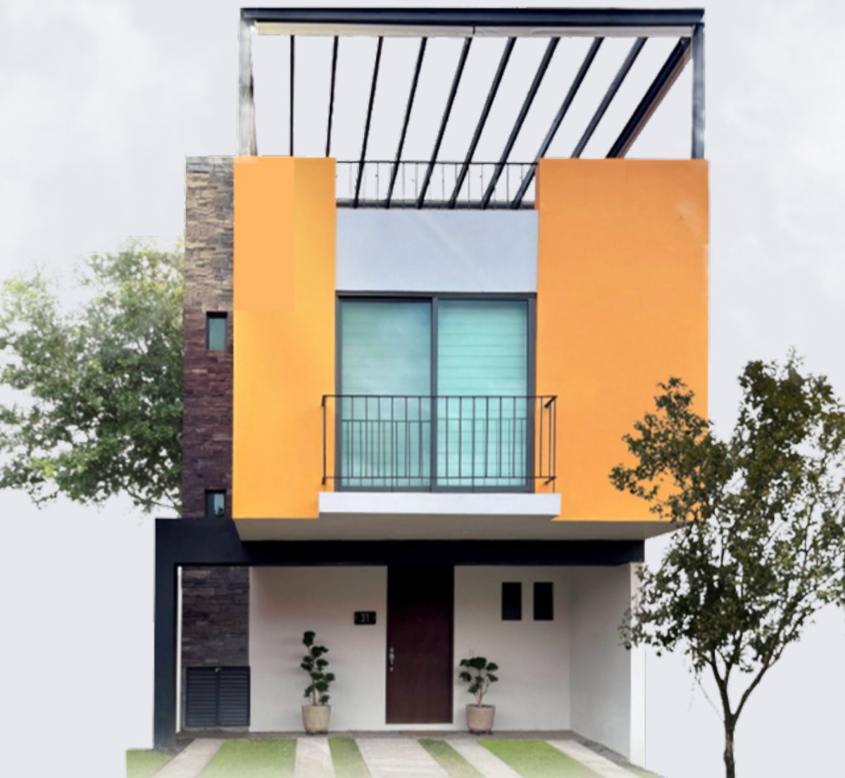 Fachada del modelo Sol de tres niveles con roof garden