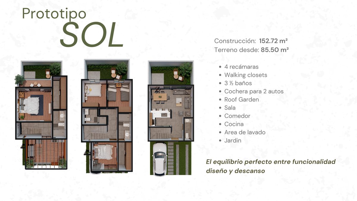 Plantas del modelo Sol: 4 recámaras, 3.5 baños, roof garden y cochera para 2 autos