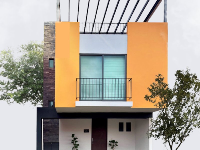 Fachada del modelo Sol de tres niveles con roof garden