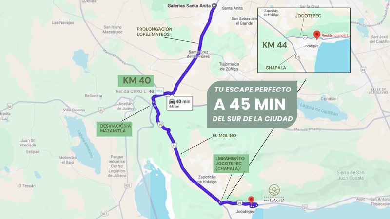 Mapa: ruta de Guadalajara a Residencial del Lago por la carretera a Chapala y el libramiento de Jocotepec, a unos 45 minutos