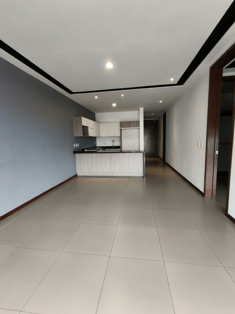 Sala hacia la cocina con barra y el pasillo de entrada