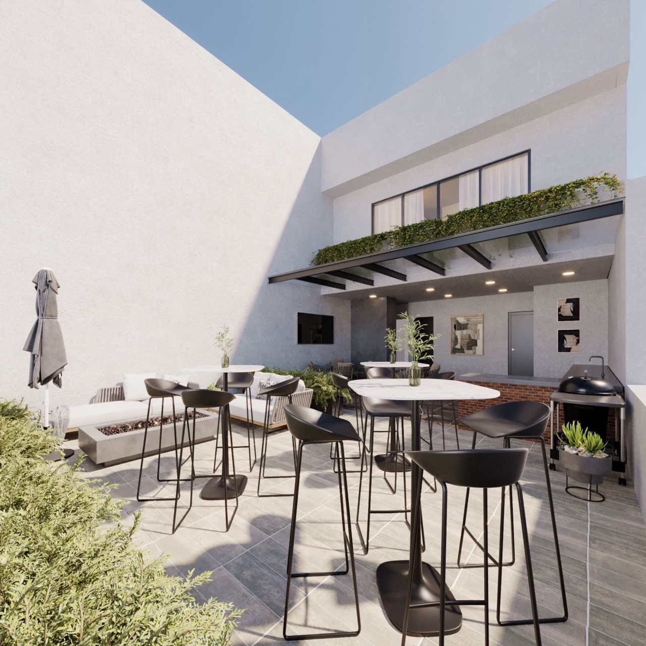 Render de la terraza común con mesas y asador